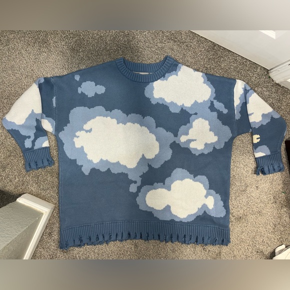 Harsh and Cruel Blue Sky Clouds Ripped Knitted Sweater Size Large - Picture 13 of 13